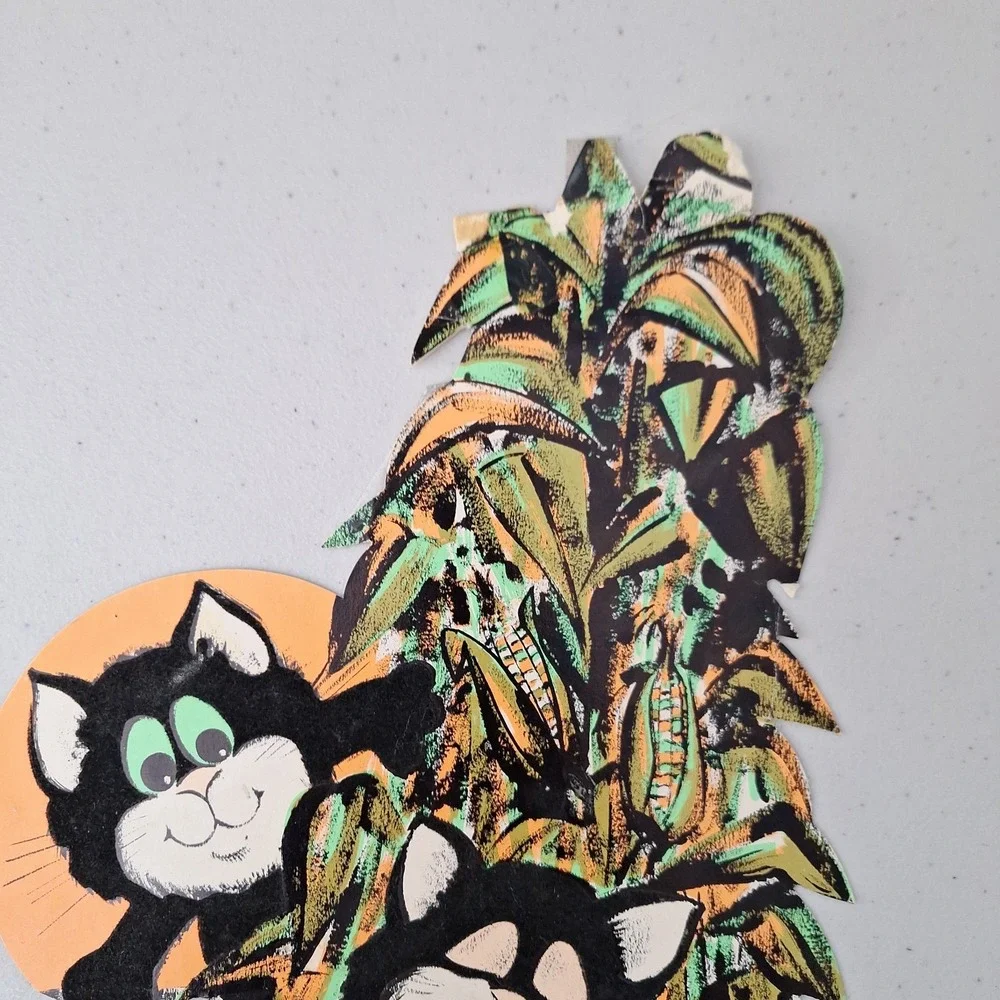 Vtg Halloween Peck Inc FLOCKED BLACK CATS & CORN STALKS Diecut Decoration 1960s